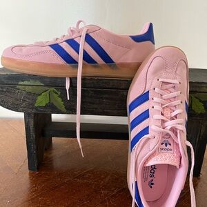 Adidas Pink Sneakers with Blue Stripes